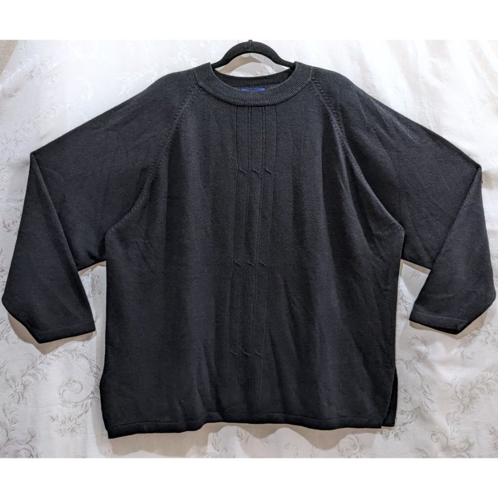 Vintage 80s Cable Front Soft Black Sweater 2X Crew Neck Raglan Sleeve Comfy Cozy